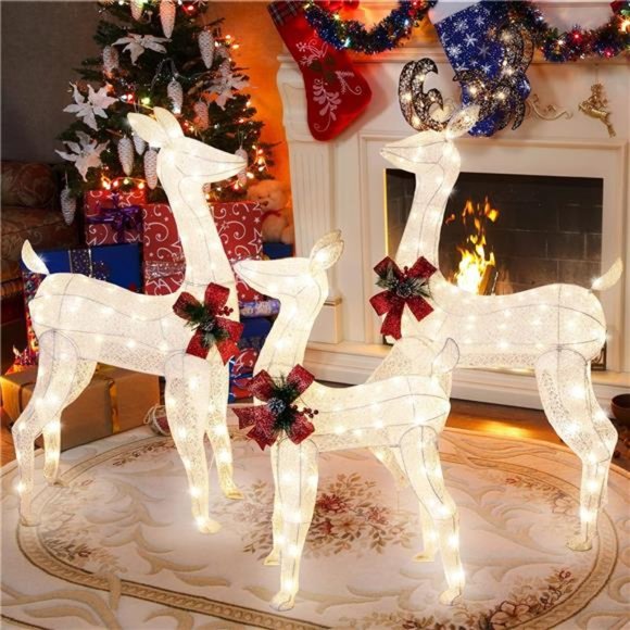 3-Pcs LED Lighted Christmas Deer Outdoor, 3DChristmas Reindeer Decor w/ 360 LED - Picture 5 of 6
